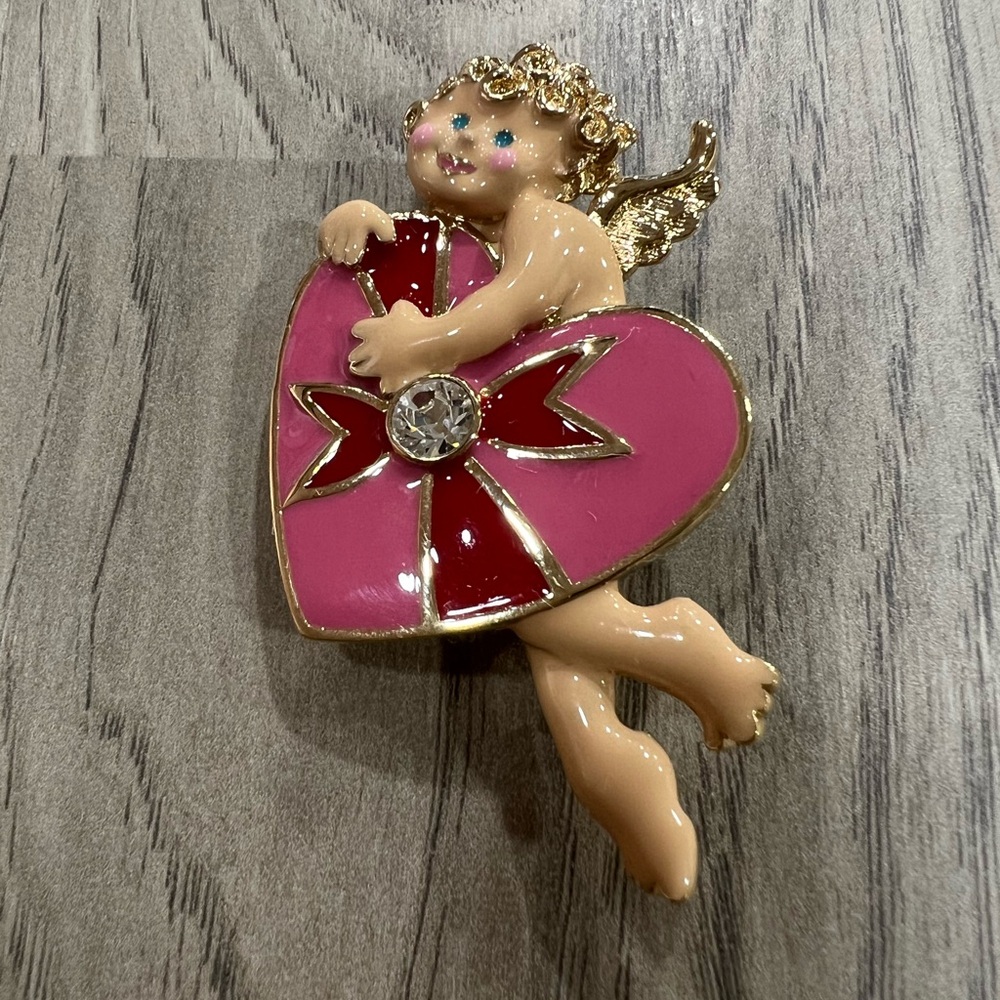 Vintage Bob Mackie Gold Toned Enamel Cupid Heart Brooch